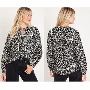 Old Navy LS Relaxed SPL Black Floral Peasant Blouse Large Boho Cottagecore